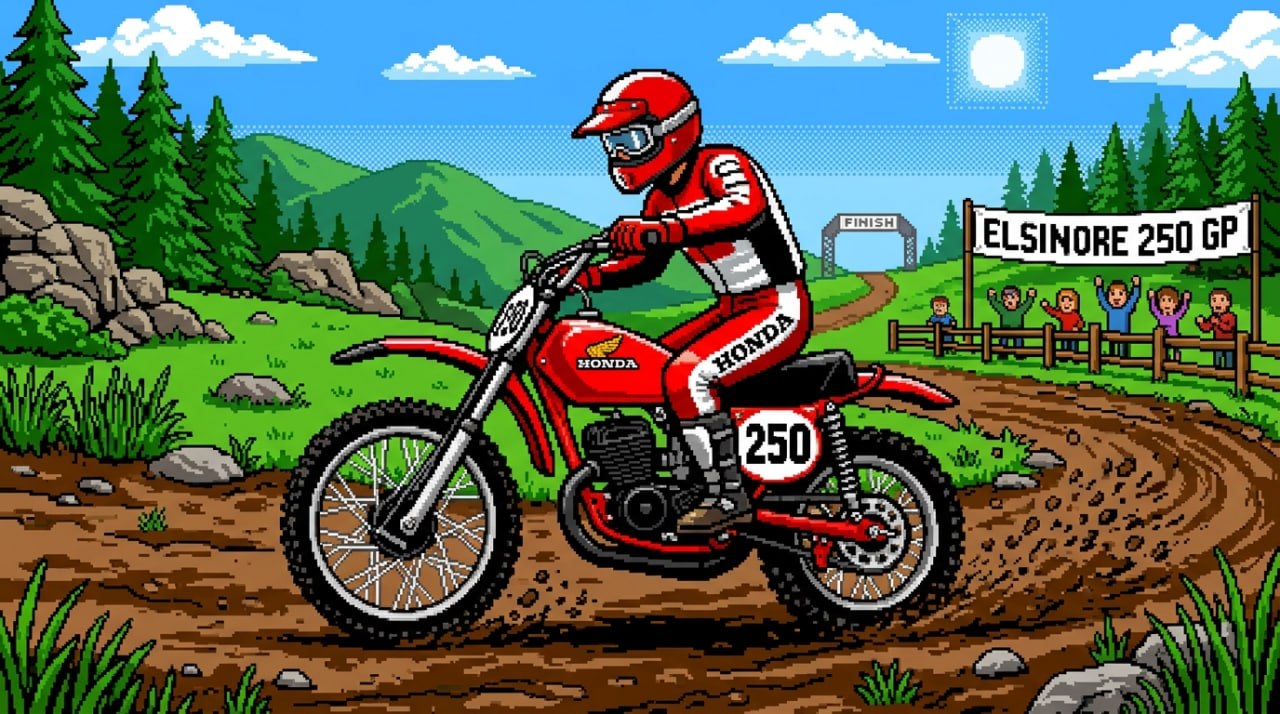 Honda Elsinore 250 GP pixel art — rider approaching finish line